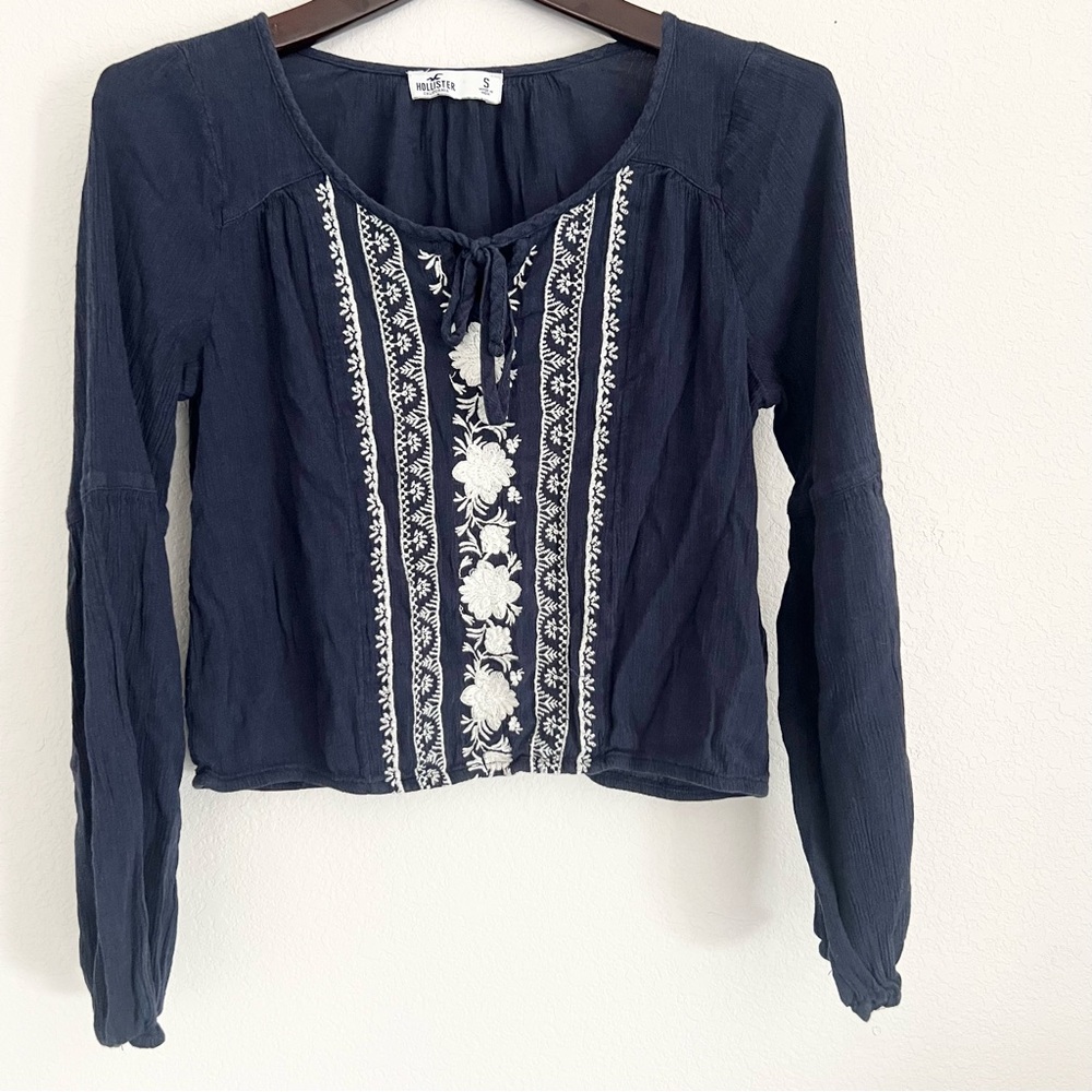 Hollister Navy Peasant Top with White Floral Embroidery